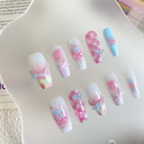 SHOPMOCHO 10pcs pure handmade coffin shaped nail art, beautiful fake nails, playful pink white blue nail art, suitable for women to use