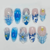 Shopmocho 24Pcs Mid-length 3D Flowers Design Fingertips Sweet Butterfly Yellow Ripple Almond False Nails Detachable Full Cover Press Ons