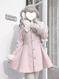 SHOPMOCHO Winter Design Fashion Elegant Pink Slim Woolen Cloth Coat Women Kawaii Sweet Warm Fur Collar Bow Lace Patchwork Casual Overcoat