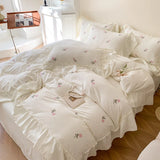 SHOPMOCHO 3pcs Rose Embroidered Duvet Cover Set (1*Duvet Cover + 2*Pillowcase, Without Core), Princess Style Lace Bedding Set