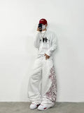 SHOPMOCHO Unisex White Red Tribal Flame Print Loose Wide Leg Jeans Y2K Grunge Streetwear Oversized Denim Pants