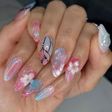Shopmocho 24Pcs Mid-length 3D Flowers Design Fingertips Sweet Butterfly Yellow Ripple Almond False Nails Detachable Full Cover Press Ons