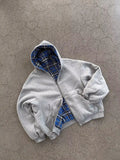 Shopmocho Blue Double-Sided Simple Style Wearable Gray Sweatshirt Plaid Inside Gothic Jacket Men And Women Streetwear