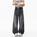 SHOPMOCHO Men's Loose Straight Leg Jeans Multi-Pocket Dark Wash American INS High Street Style Workwear Denim Two Colors Available
