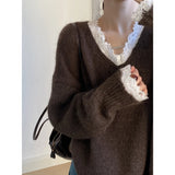 Shopmocho Lace Trim Warm Sweater For Women V Neck Long Sleeve Winter Loose Soft Top