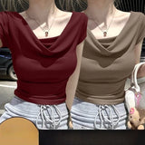 SHOPMOCHO Summer Thread Solid Color Beach Fashion Versatile Women's Short Sleeved T-shirt Casual Lightweight Breathable Sexy Women's Top