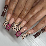 Shopmocho 24Pcs Long Coffin Leopard Print False Nails with Glue Sweet Cool Diamond Fake Nail Set Floral French Press on Wearable Nail Tips