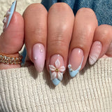 SHOPMOCHO 24pcs French Almond Press on Nails Blue False Nails Star Pattern Wearable Stick-on Nails Fake Nail Uñas Накладные Ногти 네일팁