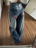 Shopmocho American Embroidery Hot Stamping Design Trendy Cool High Waisted Straight Leg Jeans for Women New Casual Slim and Wide Leg Pants