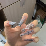 SHOPMOCHO Europe America Spice Girl Handmade Long Square Stilettos Fake Nails Metal Rivet Chain Flowers Lips Bowknot Diamond Press On Nail