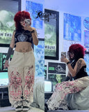 SHOPMOCHO Y2K Goth Streetwear Cargo Pants Beige Wide Leg Trousers with Red Floral Graffiti Print Loose Fit Casual Punk Hip Hop Bottoms
