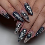 SHOPMOCHO 24Pcs Black Y2k Long False Nails with Almond Head Design Cat's Eye Silver Stripe Pattern Press on Fake Nails Wearable Nail Tips