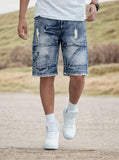 SHOPMOCHO Men's Casual Spring/Summer Denim Shorts - Distressed Denim Shorts with Frayed Edges and Patchwork Details, Fashionable Street-St