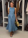 Shopmocho Trendy Women's Summer Denim Dresses Backless Sleevess Long O-Neck Dress Female Vintage Washed Blue Casual Daily Beach Streetwear