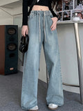 SHOPMOCHO Botvotee Elastic Waist High Waist Wide Leg Jeans for Women Loose Straight Blue Long Denim Pants Female Fashion Streetwear Jeans