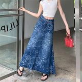 Shopmocho 2025 Trend Women's Y2K Jeans Skirt - Flared Hem High Waist Printed Denim Maxi Skirt  A-Line Bodycon Midi Length Wrap Skirt