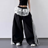 SHOPMOCHO Women's Patchwork Lace Skirt Casual Wide Leg Pants Spring Summer Niche Design Contrasting Style for Fashionable Ladies