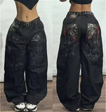 SHOPMOCHO American Fashion Trend Joker Pattern Embroidered Loose Jeans Women Street Y2K New Hip Hop Oversized Wide-leg Pants Unisex Jeans