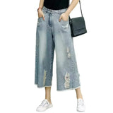 Shopmocho Retro Faded Hole Denim Jeans Women Summer Thin High Waist Loose Wide Leg Pants Small Size Seven Casual Pants