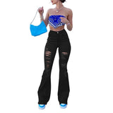 Shopmocho Women High Waist Black Flare Jeans Lady Bell Bottom Ripped Denim Pants Streetwear Distressed Classic Full Length Long Trouser