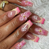 Shopmocho 24Pcs Brown Long Coffin False Nails Glitter Ballet Wearable with French Design Fake nails Full Press on Nail Ins Nail Tips Art