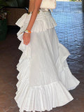 Shopmocho Women's Elastic Band Waist Flowy Skirt Irregular Ruffle Asymmetrical Midi White Boho Skirt Streetwear