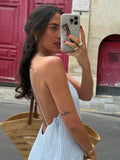 Shopmocho Casual Women's Blue Pleated Sling Long Dress Elegant Sleeveless Backless Off Shoulder Slim Fit Dresses Beach Party Women's Robe