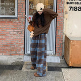 Shopmocho Blue Plaid Thickened Woolen Casual Pants Autumn Winter New Style Straight Leg Wide Leg Floor Length Trousers Trendy Women's Long