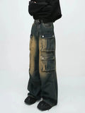 SHOPMOCHO Men Retro Mud Washed Spray Ma Liu Work Pants Neutral Baggy Wide Leg Men Jeans Street Hip Hop Multi Pocket Floor Denim Pants