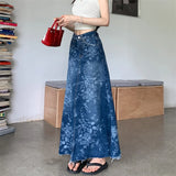 Shopmocho 2025 Trend Women's Y2K Jeans Skirt - Flared Hem High Waist Printed Denim Maxi Skirt  A-Line Bodycon Midi Length Wrap Skirt