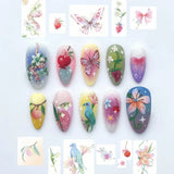 SHOPMOCHO 24pcs Flower Print Press on Nails Wine Red Blush Almond False Nail Tips Wearable Reusable Summer Spicy Girl Fake Nails