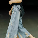 Shopmocho Retro Faded Hole Denim Jeans Women Summer Thin High Waist Loose Wide Leg Pants Small Size Seven Casual Pants