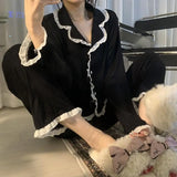 SHOPMOCHO Korean Style Cute Pajama Woman Winter Autumn Sleepwear Lady Long Sleeve Tops Pants 2Piece Pyjamas Solid Lingeries Sets Nightwear