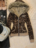SHOPMOCHO Y2K Hot Girl Autumn Winter Harajuku Vintage Leopard Print Slim Fit Sweatshirt Women Gothic Fur Collar Zipper Long Sleeve Hoodie