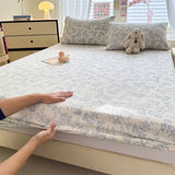 SHOPMOCHO 1pc Floral Fitted Bed Sheet Flower Printed Washed Cotton Bed Sheet with Elastic Single/Queen/King Size Bed Fitted Sheets