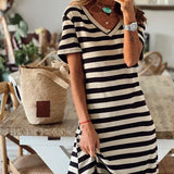 Shopmocho Summer women's loose striped printed long dress with slits on both sides and V-neck
