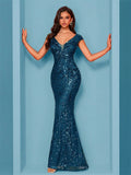 Shopmocho Elegant Blue Evening Dress For Women Long 2025 Luxury Mermaid Formal Sequins Prom Wedding Party Cocktail Dresses