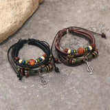 Shopmocho Handmade Hippie Design Brown Leather Bracelet Women Metal Star Note Charms Wood Button Beads Wrap Unisex Adjustable Bracelet