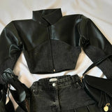 SHOPMOCHO Y2k Leather Denim Patchwork Two Piece Set Women Hip Hop Patchwork Zippered Long Sleeve Jacket Sexy Short Denim Skirt Fashion Set