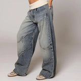 Shopmocho New Hip Hop Splice Fashion Basics Retro Jeans for Women's Simple Dressing Up Daily Necessary Wide Leg Pants Baggy Cargo Pants