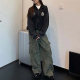 SHOPMOCHO Retro American Denim Work Pants Women's Spring Autumn Loose Wide Leg Slimming Pleated Straight Long Pants Large Pocket