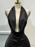 SHOPMOCHO Women Elegant Solid Satin Dress, Back Zipper Open Back Fitted Midi Dress, Casual Vacation Party Banquet Cocktail Gown