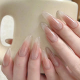 Shopmocho 24Pcs Almond Pure Handmade Press On Nails Full Cover Butterfly French Pearl Diamond False Nails Wearable Manicure Nail Tips Art
