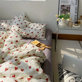 SHOPMOCHO Korean Style Bedding Set Kid Adult Twin Full Queen Size Bed Flat Sheet Set Pillowcase Bed Linen Love Heart Duvet Cover