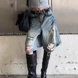 SHOPMOCHO Women's Retro Old Washing Wide-leg Five-point High Street Design Ripped Denim Shorts