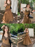 Shopmocho Korean style Ethnic Irgular Spaghettic Strap Fairy Boho Hippie Dress Women Tassel Mesh Stitching Spice Summer Beach Slim Dress