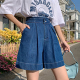 SHOPMOCHO Casual Plus Size Summer Denim Shorts Woman Loose Wide Leg Jean Baggy Shorts Women Cotton Ealstic Waist Short Pants Bermuda Femme