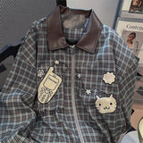Shopmocho American Sweet Plaid Patchwork Jacket Women Long Sleeve Spring Fall Zip Loose Coat Harajuku Y2K Casual Lazy Kawaii Street Top