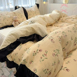 Shopmocho 1.5/1.8 Korean Style 100% Cotton Fitted Sheet Sets with Lace Flower Print Bedding Set for Seasons Home Bedclothes for Adult Kids
