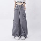 Shopmocho American Individualized Spicy Girl Hollow Out Workwear Pants for Women Fashion Zipper Two Wear Design Casual Versatile Trousers